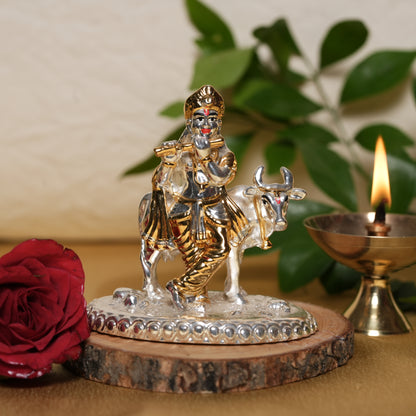 Krishna with Cow Idol - 24K Gold & 999 Silver Finish | Divine Flute & Cow Symbol of Love & Prosperity
