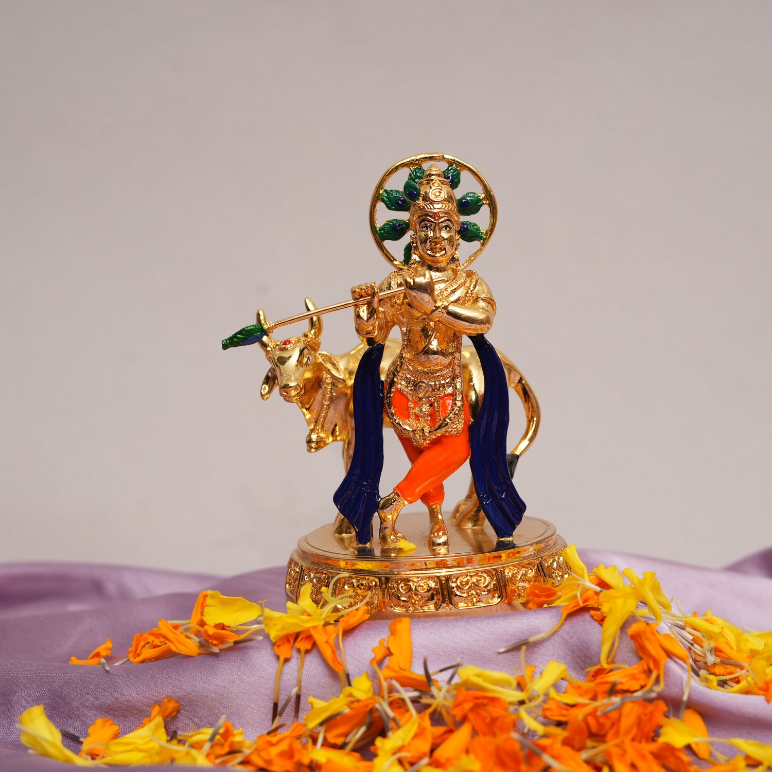 24K Gold-Plated Lord Krishna with Cow Figurine | Divine Showpiece with Enamel Detailing