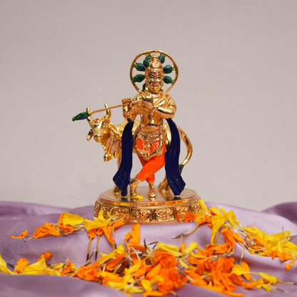 24K Gold-Plated Lord Krishna with Cow Figurine | Enamel Painted Decorative Showpiece
