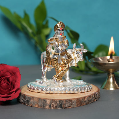 Krishna with Cow Idol - 24K Gold & 999 Silver Finish for Spiritual Gifting & Home Décor