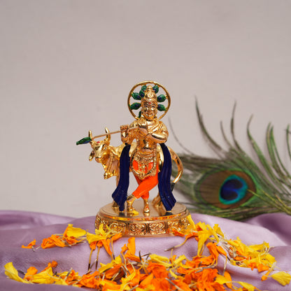 24K Gold-Plated Lord Krishna with Cow Figurine | Enamel Painted Decorative Showpiece