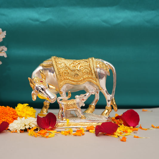 24K Gold-Plated Handcrafted Kamadhenu Cow and Calf Idol