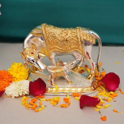 24K Gold-Plated Handcrafted Kamadhenu Cow and Calf Idol