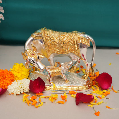24K Gold-Plated Handcrafted Kamadhenu Cow and Calf Idol