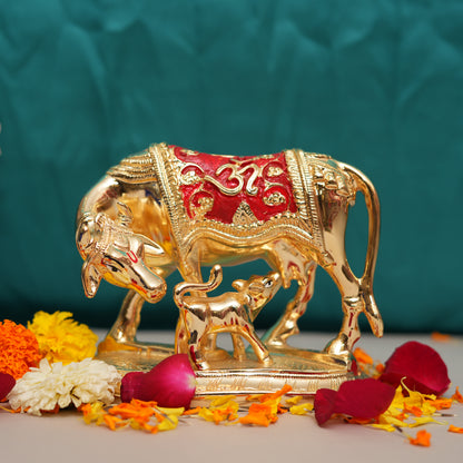 24K Gold-Plated Handcrafted Kamadhenu Cow and Calf Idol with Red Accents | Symbol of Prosperity and Abundance