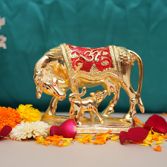Kamadhenu Cow and Calf Idol | 24K Gold-Plated with Red Accents | Prosperity & Abundance