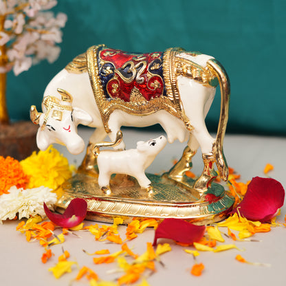 Kamadhenu Cow and Calf Figurine with Meenakari Detailing | Religious Showpiece for Prosperity