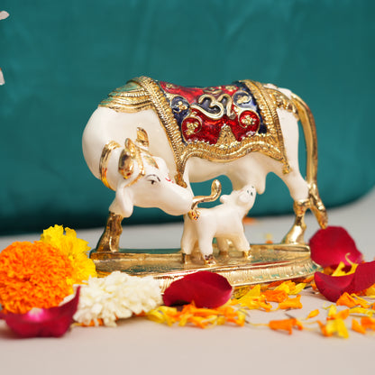 Decorative Kamadhenu Cow and Calf Figurine with Meenakari Detailing | Religious Showpiece for Prosperity & Blessings