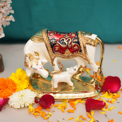 Decorative Kamadhenu Cow and Calf Figurine with Meenakari Detailing | Religious Showpiece for Prosperity & Blessings