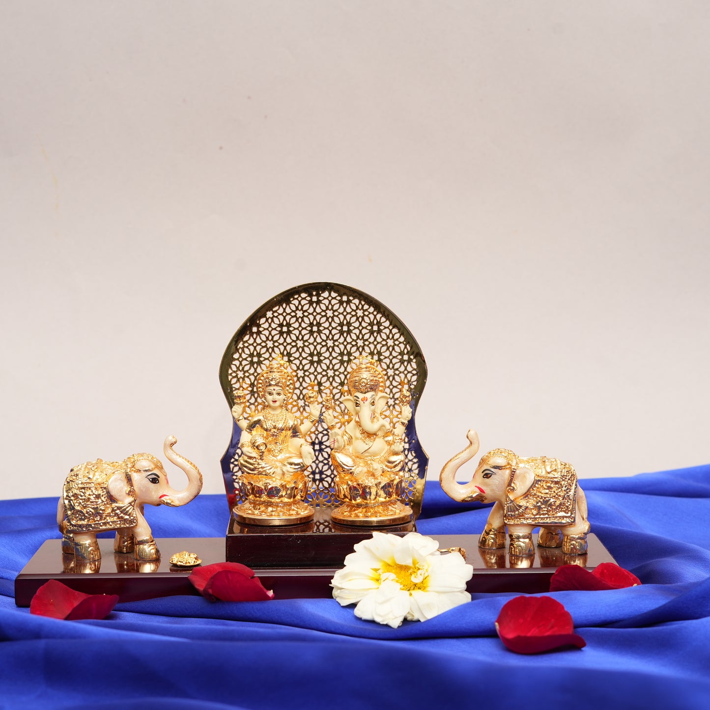 Lakshmi-Ganesha Ensemble with Elephants | 24K Gold-Plated Resin Statues with Decorative Arch