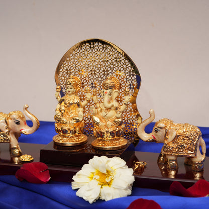 Lakshmi-Ganesha Ensemble with Elephants | 24K Gold-Plated Resin Statues with Decorative Arch