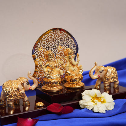 Lakshmi-Ganesha Ensemble with Elephants | 24K Gold-Plated Resin Statues with Decorative Arch