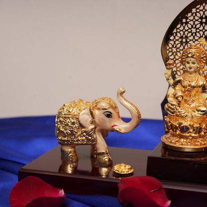 Lakshmi-Ganesha Ensemble with Elephants | 24K Gold-Plated Resin Statues with Decorative Arch