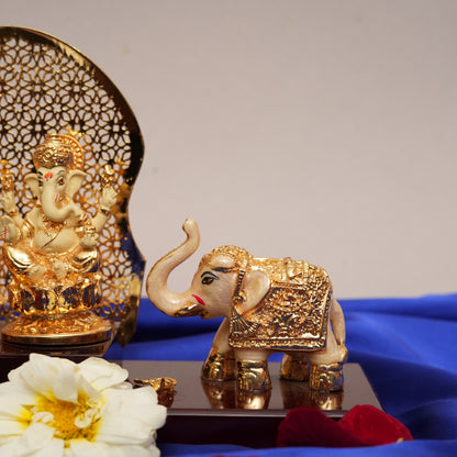 Lakshmi-Ganesha Ensemble with Elephants | 24K Gold-Plated Resin Statues with Decorative Arch