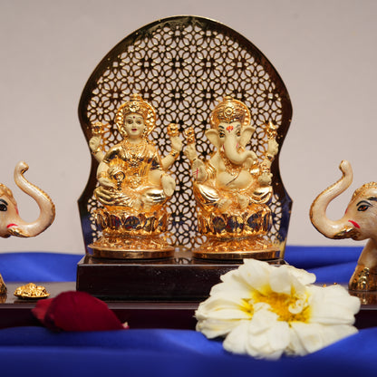 Lakshmi-Ganesha Ensemble with Elephants | 24K Gold-Plated Resin Statues with Decorative Arch