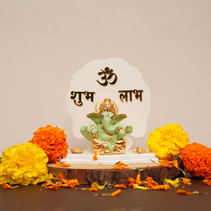 Lord Ganesha Figurine with "Shubh Labh" Backdrop | Divine Religious Showpiece