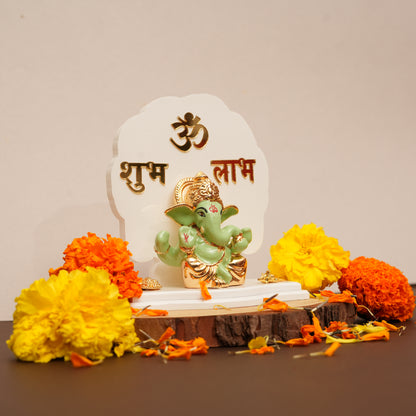 Decorative Lord Ganesha Figurine with "Shubh Labh" Backdrop | Religious Showpiece for Prosperity & Blessings