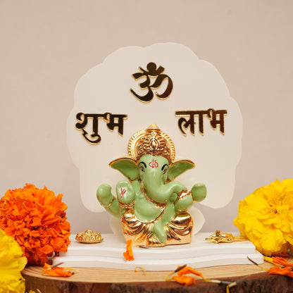 Decorative Lord Ganesha Figurine with "Shubh Labh" Backdrop | Religious Showpiece for Prosperity & Blessings
