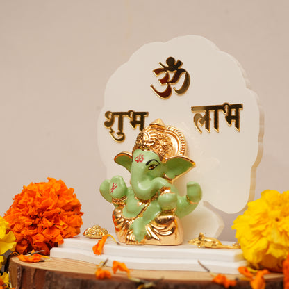Decorative Lord Ganesha Figurine with "Shubh Labh" Backdrop | Religious Showpiece for Prosperity & Blessings