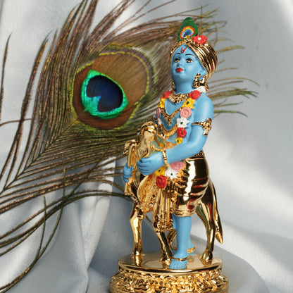 Krishna with Calf Idol - 24K Gold Plated & 999 Silver for Spiritual Gifting & Home Décor