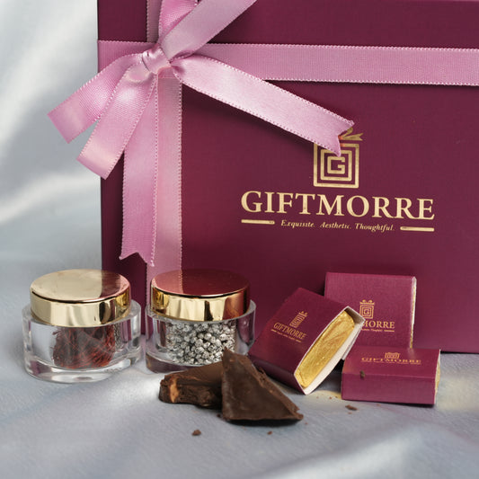 GiftMorre Premium Hamper | Saffron, Silver-Coated Elaichi Pearls & Almond Rocks | Luxury Gifting Box