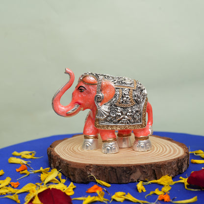 Handcrafted Peach Pearl Elephant Figurine with Meena Finish