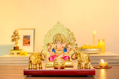 Ganesh Chowki Idol Set with Golden Elephants and Temple-Style Backdrop – 24K Gold Plated Pooja Decor