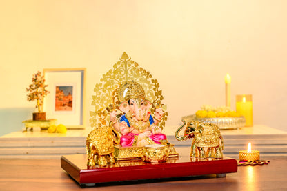Ganesh Chowki Idol Set with Golden Elephants | 24K Gold Plated | Temple Backdrop for Pooja & Vastu Decor