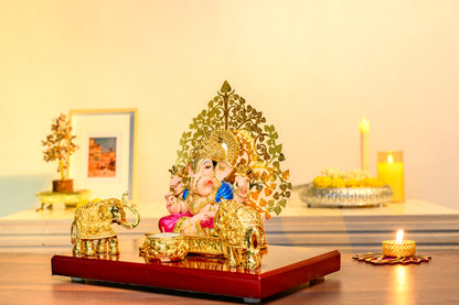 Ganesh Chowki Idol Set with Golden Elephants | 24K Gold Plated | Temple Backdrop for Pooja & Vastu Decor