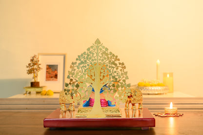Ganesh Chowki Idol Set with Golden Elephants | 24K Gold Plated | Temple Backdrop for Pooja & Vastu Decor