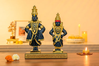 Vithoba Rukmini Idol Pair | Matte Black Finish with 24K Gold Accents | Pandharpur Bhakti Set with Shloka Base