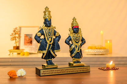 Vithoba Rukmini Idol Pair with Matte Black Finish & 24K Gold Accents on Engraved Mantra Base – Pandharpur Bhakti Sculpture Set