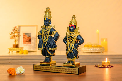 Vithoba Rukmini Idol Pair | Matte Black Finish with 24K Gold Accents | Pandharpur Bhakti Set with Shloka Base