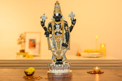 Balaji Standing Idol in 999 Silver & 24K Gold | Shankha Chakra Blessing Form on Lotus Base | Tirupati Venkateshwara Murti