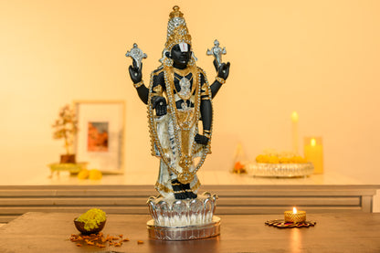 Shree Balaji Standing Idol in 999 Silver with 24K Gold Crown – Shankha Chakra Blessing Pose on Lotus Base