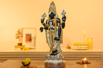 Balaji Standing Idol in 999 Silver & 24K Gold | Shankha Chakra Blessing Form on Lotus Base | Tirupati Venkateshwara Murti