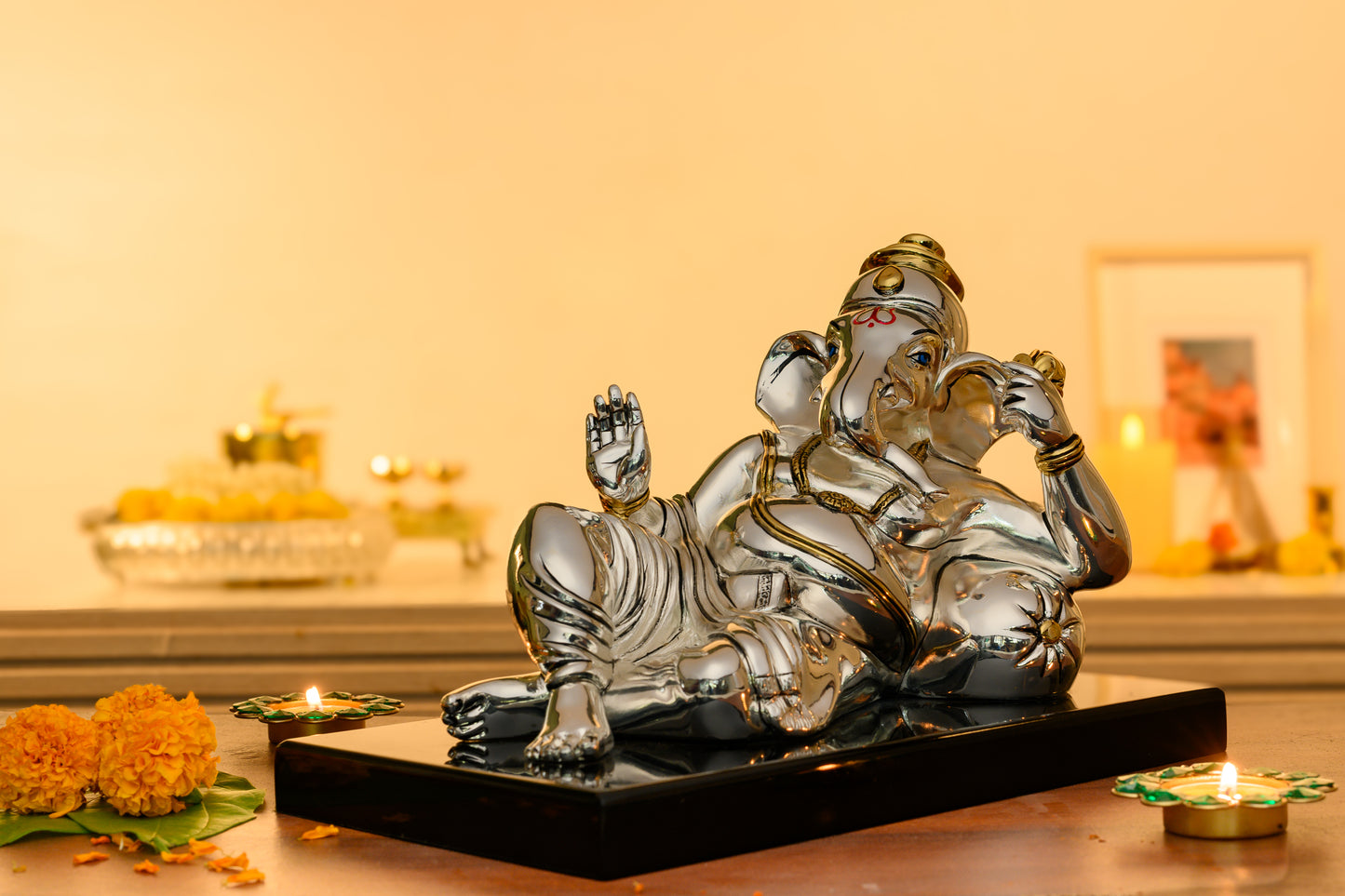Resting Ganesha Idol – 999 Silver Plated with 24K Gold Accents | Tranquility for the Modern Soul