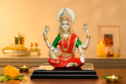 999 Silver & 24K Gold Plated Lakshmi Idol Holding Kalash and Lotuses – Red Green Enamel for Pooja & Vastu Decor