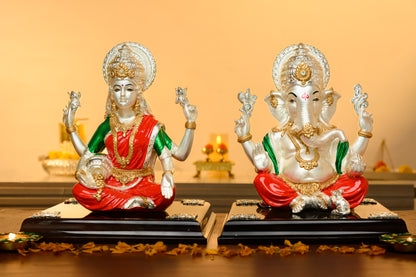 Lakshmi Ganesh Idol Set in 999 Silver and 24K Gold with Red Green Attire on Wooden Bases – Diwali Gift Decor