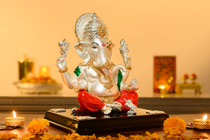 999 Silver Plated Ganesha Idol with Modak and Mouse Companion – Seated Form for Pooja & Gifting