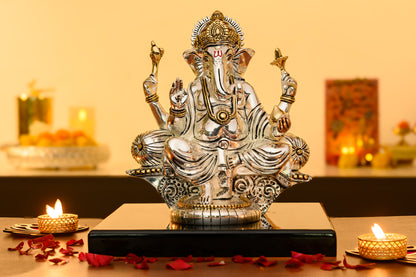 Ganesha on Throne Idol in 999 Silver & 24K Gold | Four-Armed Regal Form for Pooja & Prosperity Decor
