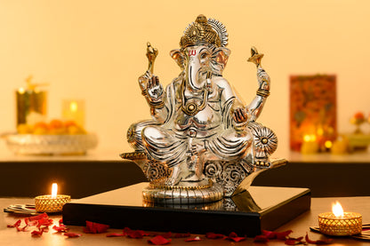 Ganesha on Throne Idol in 999 Silver & 24K Gold | Four-Armed Regal Form for Pooja & Prosperity Decor