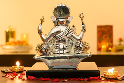 Ganesha on Throne Idol in 999 Silver & 24K Gold | Four-Armed Regal Form for Pooja & Prosperity Decor
