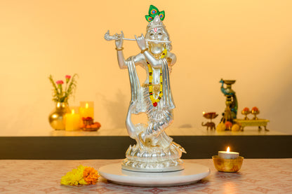 999 Silver Plated Krishna Idol Playing Flute with Peacock Crown in Tribhanga Pose on Lotus Base