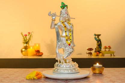 Krishna with Flute Idol in 999 Silver | Peacock Crown & Tribhanga Pose on Lotus Base | Divine Love Decor