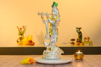 Krishna with Flute Idol in 999 Silver | Peacock Crown & Tribhanga Pose on Lotus Base | Divine Love Decor