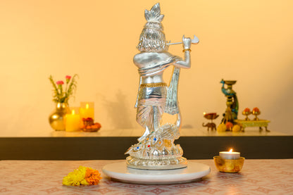 Krishna with Flute Idol in 999 Silver | Peacock Crown & Tribhanga Pose on Lotus Base | Divine Love Decor