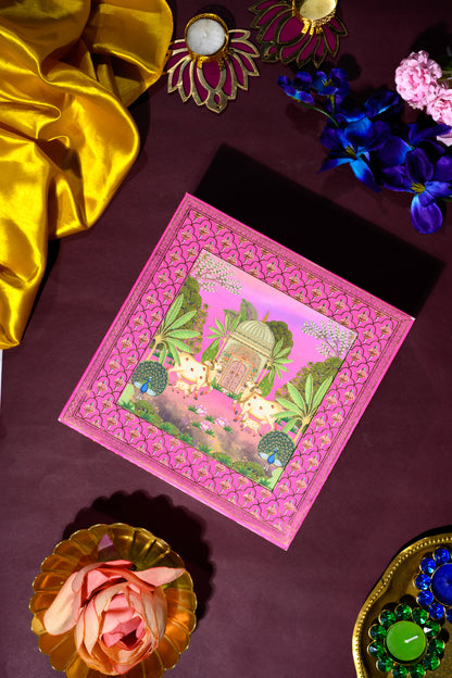 Premium Pichwai Themed Box with Kamdhenu Cow, Kesar, Elaichi & Misri for Spiritual Gifting & Home Décor