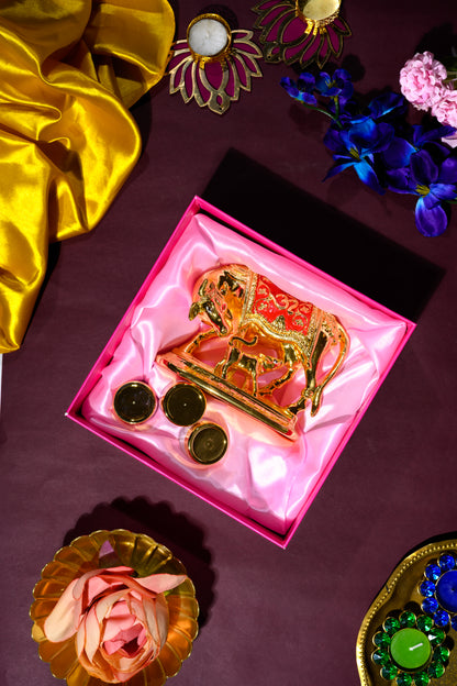Premium Pichwai Themed Box with Kamdhenu Cow, Kesar, Elaichi & Misri for Spiritual Gifting & Home Décor