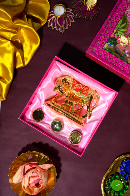 Premium Pichwai Themed Box with Kamdhenu Cow, Kesar, Elaichi & Misri for Spiritual Gifting & Home Décor